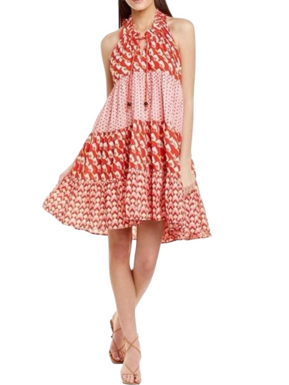 Ro’s Garden Sofia Women’s Red Patterned tiered A line Swing Dress size Small